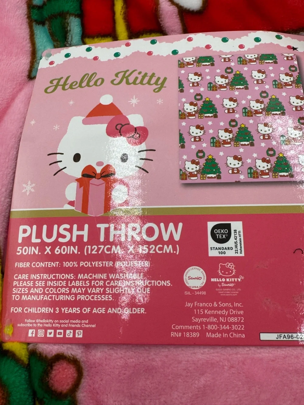 Hello Kitty Pink Plush Throw Blanket with Holiday Print